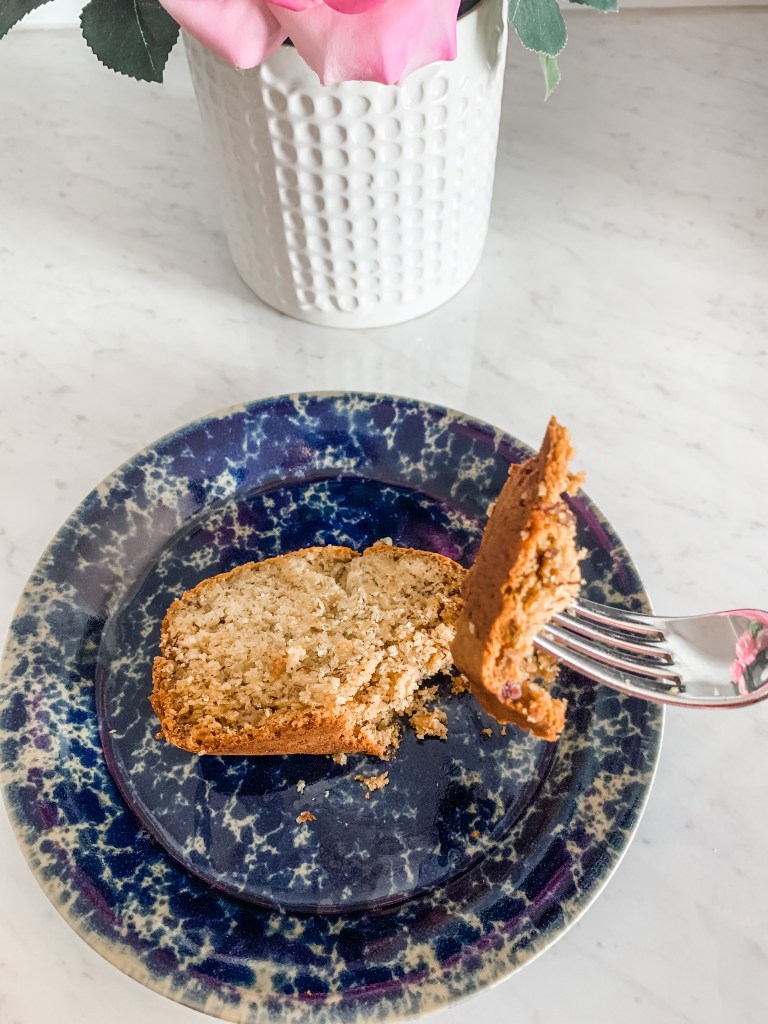 Fork with a bite of gluten free banana bread