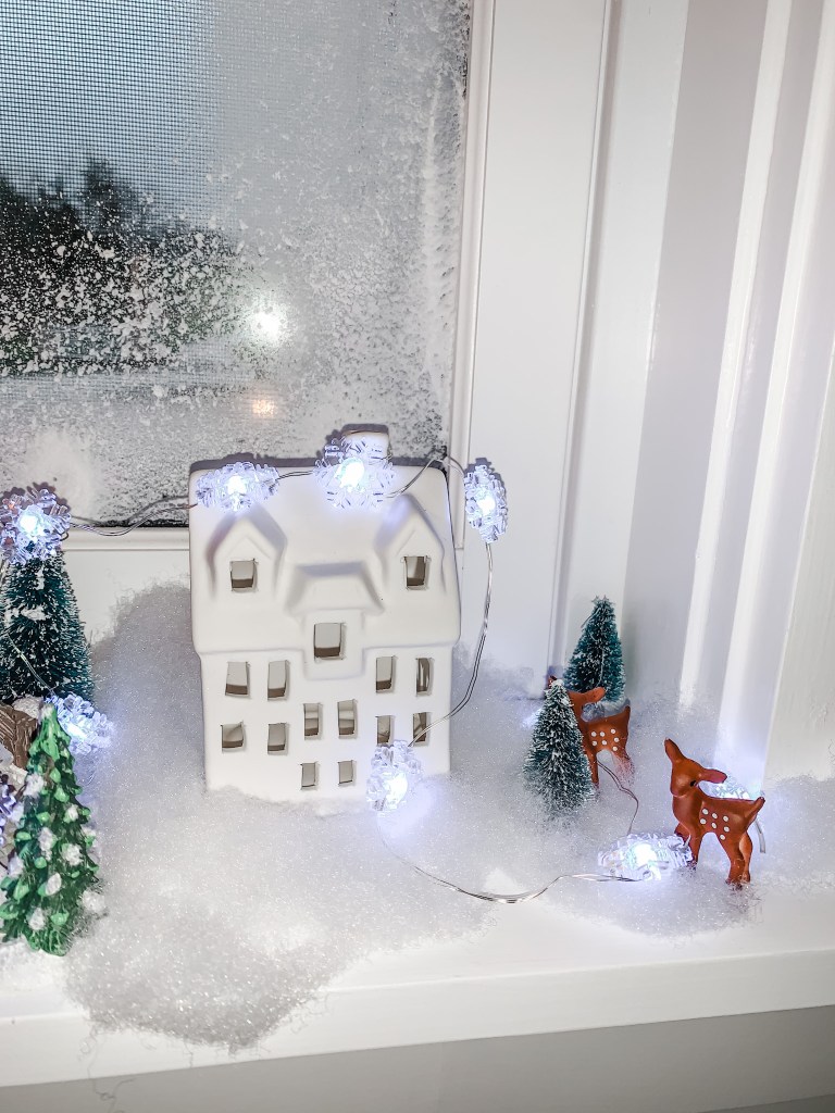 Christmas decor for windows: deer, trees, house