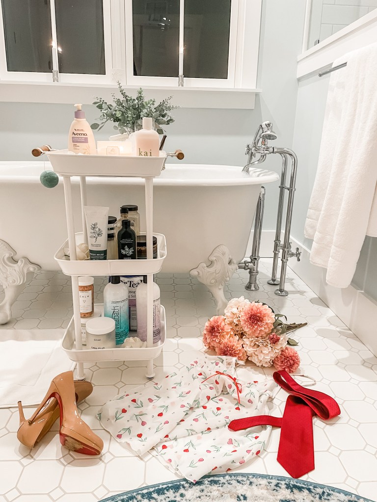 Bathroom fixtures on a freestanding tub