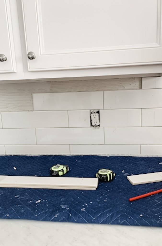 4” x 16” White Subway Tile kitchen backsplash in progress