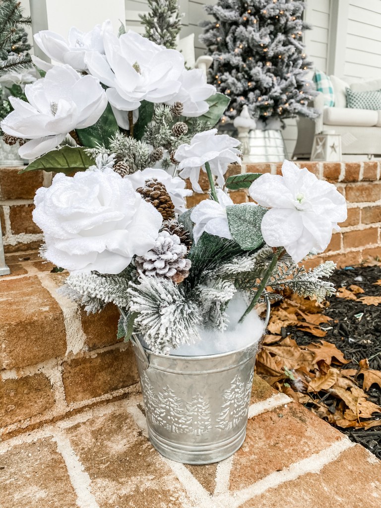 White Christmas Flowers in a silver tin